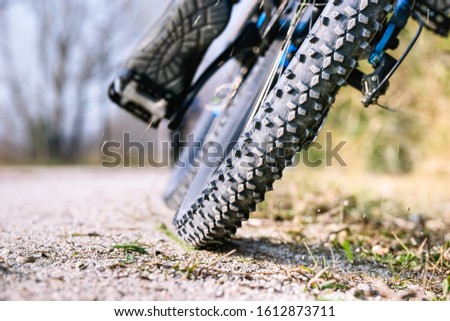 Mountain bike tire low angle closeup on trail - Man cycling mtb outdoor back view of wheel on  gravel ground - Concept of sport bicycle activity and tyre performance - Image