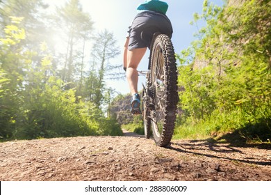 Mountain biker in action on a forest trail concept for healthy lifestyle, exercise and extreme sports