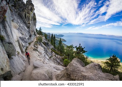 Mountain Biker On The Flume Trail At Lake Tahoe, CA.