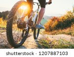 Mountain biker ride down from hill. Close up wheel image. Active and sport leisure concept