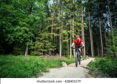 Mountain Biker Riding On Bike In Spring Inspirational Mountains Landscape. Man Cycling MTB On Enduro Trail Path. Sport Fitness Motivation And Inspiration. Rider Mountain Biking In Summer Woods.