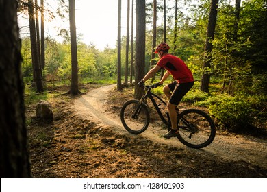 Mountain Biker Riding On Bike In Spring Inspirational Mountains Landscape. Man Cycling MTB On Enduro Trail Path. Sport Fitness Motivation And Inspiration. Rider Mountain Biking In Fall Woods.