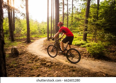 Mountain Biker Riding On Bike In Spring Inspirational Forest Landscape. Man Cycling MTB On Enduro Trail Track. Sport Fitness Motivation And Inspiration.