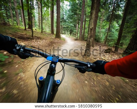 Mountain biker riding on flow single track trail in green forest, POV behind the bars view of the cyclist.