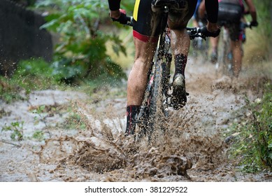 Mountain bikers driving in rain upstream creek - Powered by Shutterstock