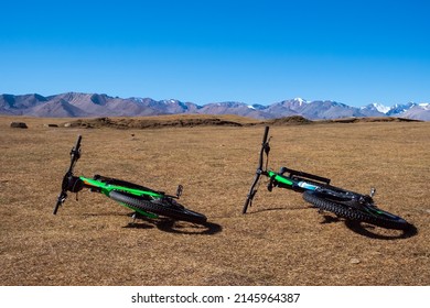 Mountain Bikes With Mountains Background In Autumn Season. Cycling Journey Concept. Health Lifestyle, Fitness. Nature Background. Assy Plateau. Travel, Tourism In Kazakhstan Concept.