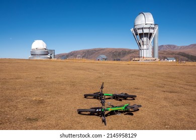 Mountain Bikes With Observatory On Background In Autumn Season. Cycling Journey Concept. Health Lifestyle, Fitness. Nature Background. Assy Plateau. Travel, Tourism In Kazakhstan Concept.