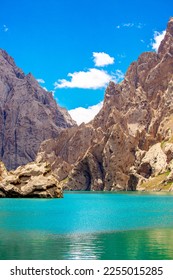 Mountain blue lake among the rocks. Beautiful landscape. Wonderful nature. Long banner, panoramic view - Shutterstock ID 2255015285