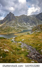 A Mountain Brook Among Stones Flow To The Lake. Vertical View