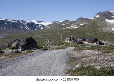 Mountain cabin Glitterheim at the foot of the mountain Glittertind (Jotunheimen National Park, Norway)