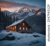 A mountain cabin is a rustic, cozy retreat nestled in the heart of a mountainous landscape. Typically made of wood, it features a warm, inviting interior with a fireplace, wooden beams, and large wind