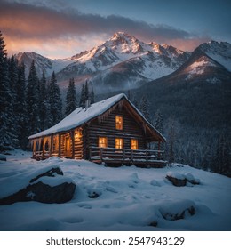 A mountain cabin is a rustic, cozy retreat nestled in the heart of a mountainous landscape. Typically made of wood, it features a warm, inviting interior with a fireplace, wooden beams, and large wind - Powered by Shutterstock