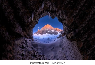 Mountain Cave Hole In Winter Snow Scene