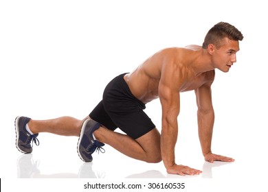 Mountain Climber Exercise. Full Length Studio Shot Isolated On White.