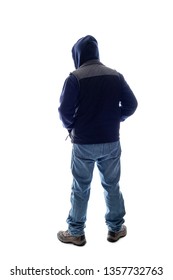 Mountain Climber Or Hiker Looking At A White Background For Composite.  The Man Is Isolated And Acting Like He Is Looking At A View To Depict Outdoor Activity And Adventure.