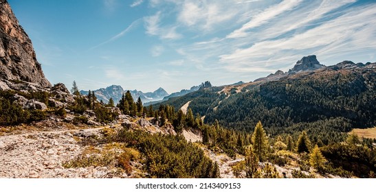 Mountain Climber On A Steep And Exposed Via Ferrata Col Dei Bos Near Passo Falzarego. Landscape Of Alpine Red Autumn Passo Falzarego, Tofana. Hiking Nature Scenery In Dolomite, Italy Near Cortina