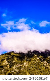 A mountain with a cloud in the sky. The mountain is covered in trees and the sky is clear