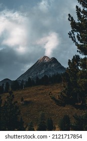 Mountain, clouds, volcano, forest, trees