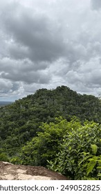 Mountain covered with trees under a cloudy sky