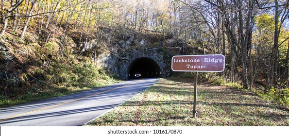 Mountain Driving. Tunnel With Car On The Blue Ridge Parkway In The Appalachian Mountains Of North Carolina.