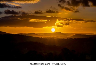 Mountain Field Sun Set Landscape. Sunset Cloudy Sky