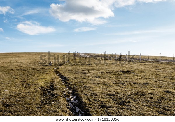 A mountain\
field with a very long crack going toward the horizon, beneath a\
deep blue sky with white\
clouds
