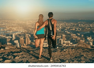 Mountain, fitness and couple stretching together for morning workout, health and wellness from back. Warm up, man and woman getting ready for muscle exercise, marathon training and support at sunrise - Powered by Shutterstock