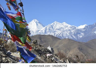 Mountain And Flag Of Muktinath Nepal