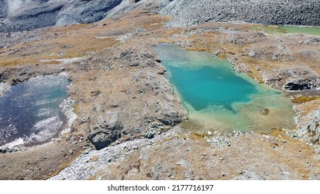 Mountain Glacier Lake. Picturesque Hidden Location In The Mountains. Outdoors Style Vacation. Adventure Travel In The Wildlife, No People. Mountain Valley Landscape Earial View Stock Photo