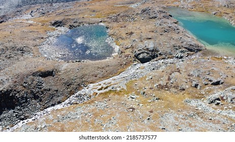 Mountain Glacier Lake. Picturesque Hidden Location In The Mountains. Outdoors Style Vacation. Adventure Travel In The Wildlife, No People. Mountain Valley Landscape Aerial View Stock Photo