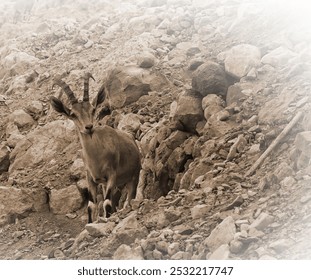 Mountain Goat Rocky Terrain Close-Up Sepia Natural Wildlife Scene - Powered by Shutterstock