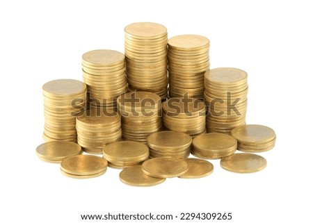 A mountain of gold coins on a white background