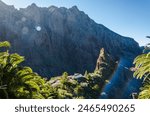 Mountain gorge Barranco de Masca on the Spanish island of Tenerife in the Atlantic Ocean. Exotic vegetation and a bright sunny day without clouds. The mountain village is flooded with sunlight.