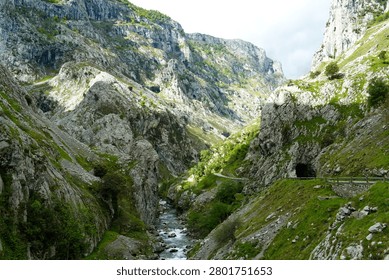 Mountain gorge with limestone cliffs and a river cutting through rugged terrain in the Picos de Europa region, Asturias, Spain. Dramatic natural landscape along the road towards Sotres and Tielve.