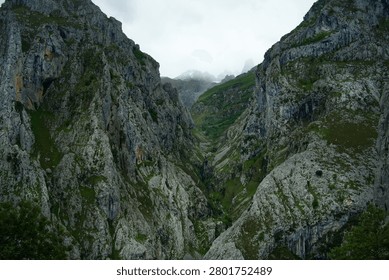 Mountain gorge with limestone cliffs and a river cutting through rugged terrain in the Picos de Europa region, Asturias, Spain. Dramatic natural landscape along the road towards Sotres and Tielve.