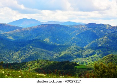 Mountain green range in clouds landscape
