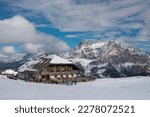 Mountain guesthouse Pralongià in the snow, ski area Alta Badia, Dolomiti Superski, in the back Sella massif, Corvara, Dolomites, South Tyrol, Alto Adige, Italy