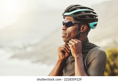 Mountain, Helmet And Motorcycle Black Man In Marathon, Fitness Or Sports Competition On Sky Mock Up Marketing And Advertising. Adventure Training African Athlete With Safety Gear For Outdoor Cycling