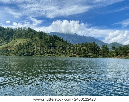 Mountain, hills, water lake, cloud clear blue sky, green forest
