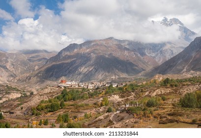 Mountain Himalayan landscape. Jharkot village in the valley. Annapurna conservation area, Lower Mustang Region, Nepal
