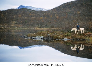 Mountain Horse Rider, Sami Reindeer Herder, In The Vindelfjallen Nature Reserve, Vasterbotten, Lappland, Ammarnas, Sweden