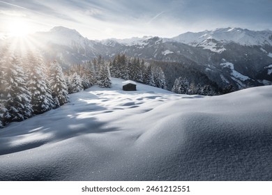 Mountain hut in a forest clearing in deep winter - Powered by Shutterstock