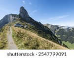 The mountain inn on the Staubern, Staubernkanzel mountain, 1860m, at the back, canton of Appenzell Inner-Rhodes, Switzerland, Europe