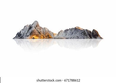 Mountain, Island Or Hill In Winter With Snow Isolated On White With Clipping Path.