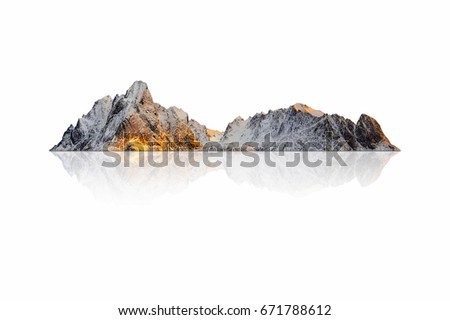 Mountain, island or hill in winter with snow isolated on white with clipping path.