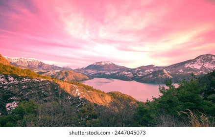 Mountain lake in autumn Aerial view. Serre-Poncon mountain lake in winter in the evening in Hautes Alpes, France, Europe - Powered by Shutterstock