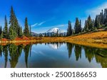 Mountain lake in autumn landscape. Lake in mountains. Autumn mountain lake. Autumn lake in mountains