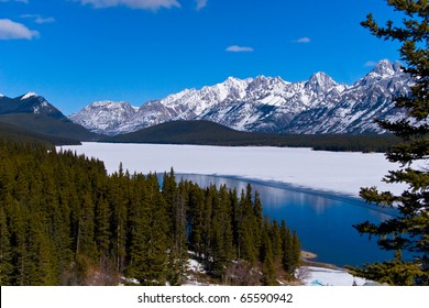 Mountain Lake in Canadian rockies, near Calgary, snow,  ice and water