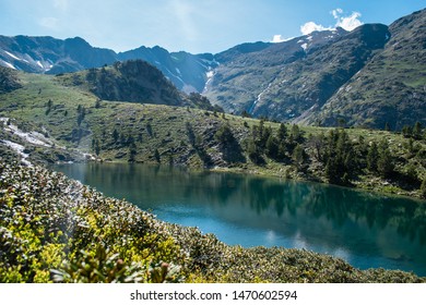 Mountain Lake Estany De Les Truites In Andorra Pyrenees, La Massana, Refugi De Coma Pedrosa