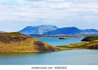 Mountain Lake Panorama. Myvatn. Iceland